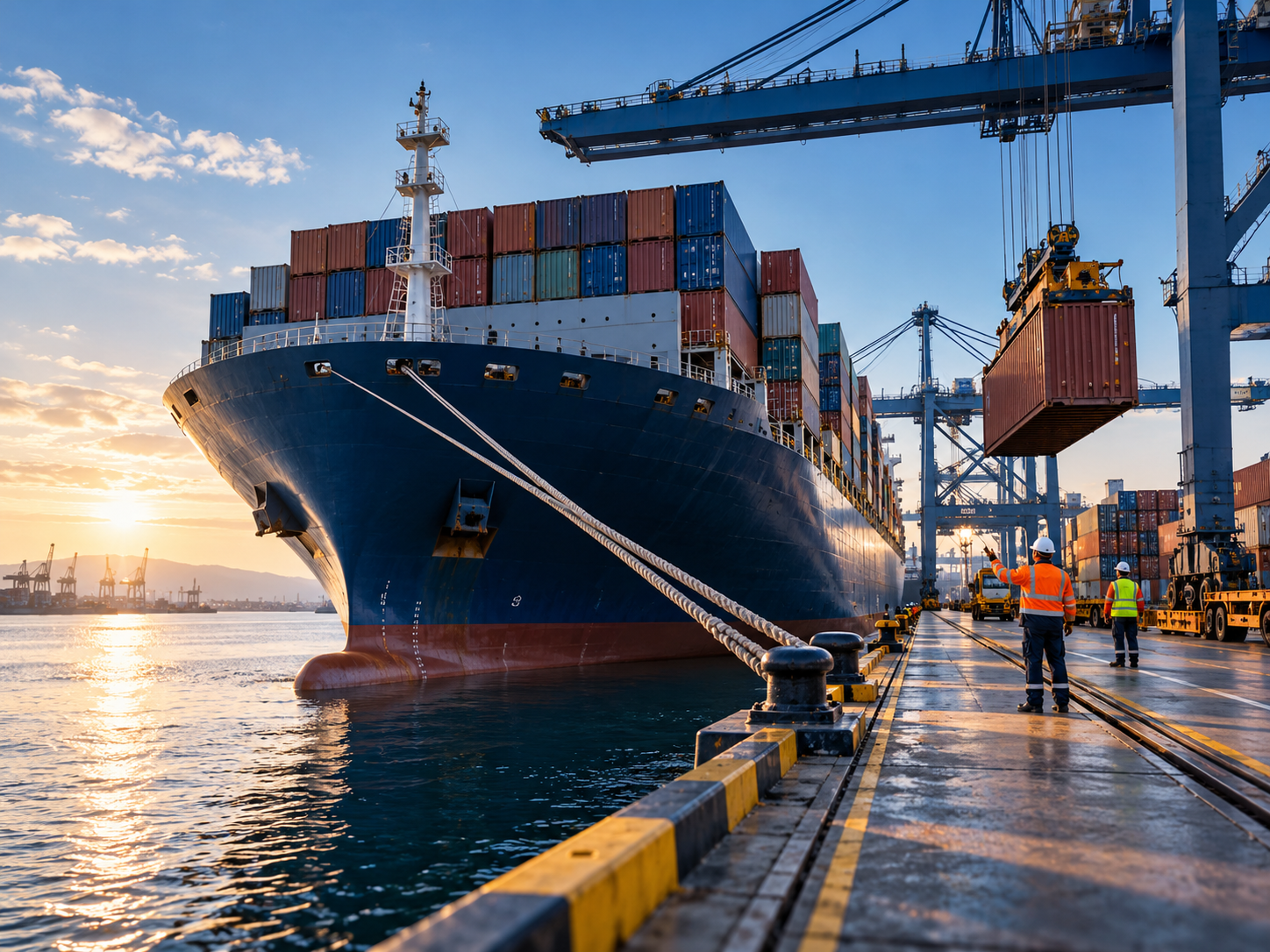Navio porta-contêineres atracado e equipe acompanhando a movimentação de carga no porto